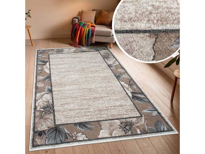 Teppich OTTO HOME Florent mit Rahmen, Blumen Design , beige, B:60cm H:9mm L:110cm, Kunstfaser, Teppiche, Teppich, Floral, detailreiche Blüten, meliert, elegant, Wohnzimmer