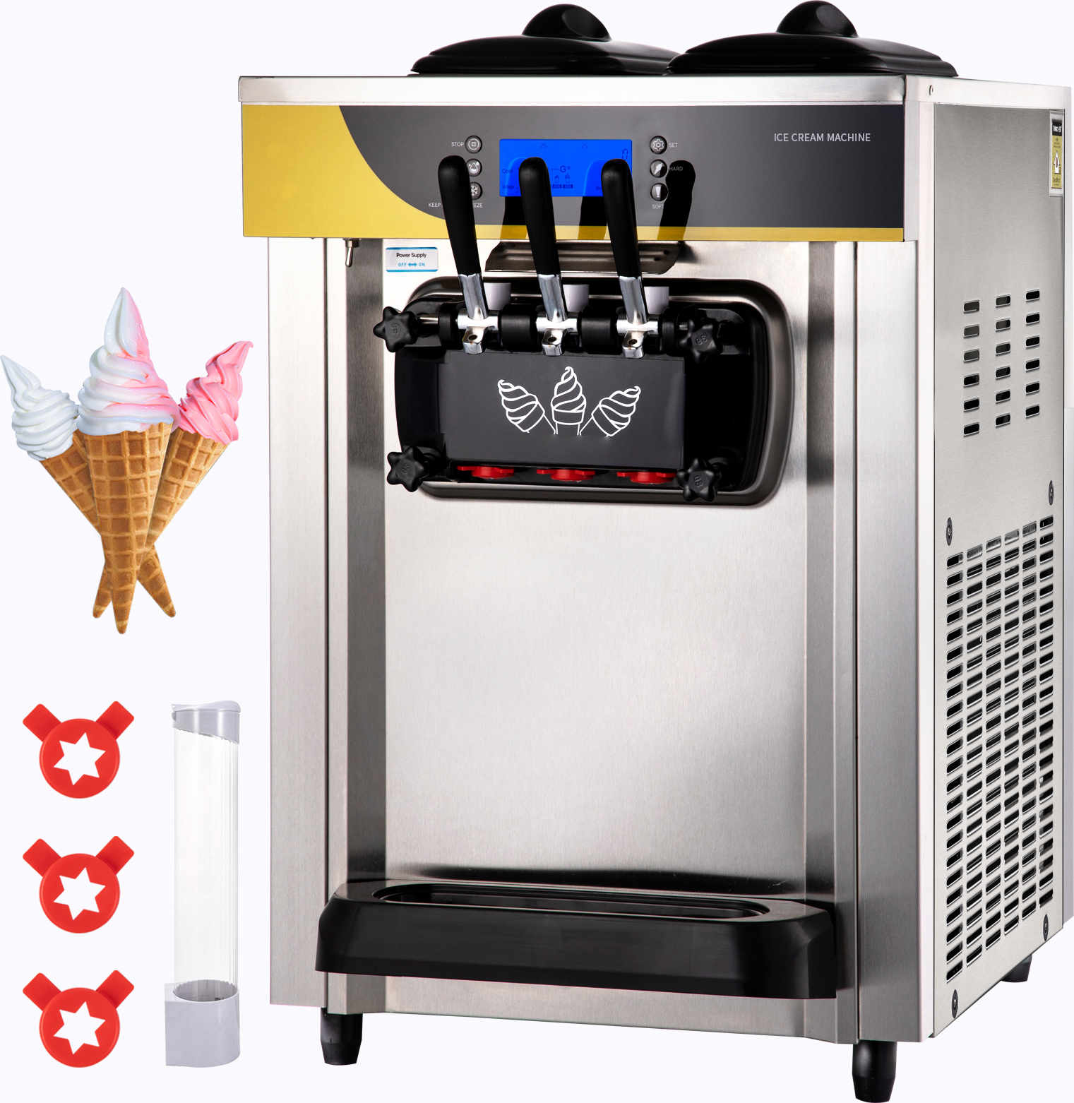 SucceBuy Commercial Ice Cream Maker 22-30L/H 2200W Soft Serve Maschine 2x6L Hopper 2L Zylinder LCD-Panel, gefrorener Joghurt Maker für Restaurant Snack Bar, Silber