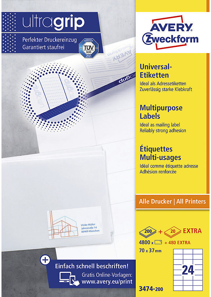 kaiserkraft Universaletiketten permanent, weiß, LxB 70 x 37 mm, 200 Bögen