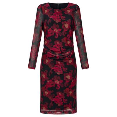 Abendkleid GOLDNER "Printkleid mit Blumenmuster", Damen, Gr. 46, N-Gr, schwarz (schwarz, rot, geblümt), Obermaterial: 90% Polyester PES. 10% Elasthan EL., U-Boot-Ausschnitt, Kleider Abendkleid, geschickte Raffung