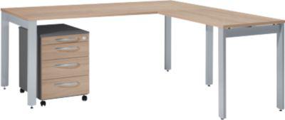 Schäfer Shop Select Komplettset LOGIN, 4-Fuß Schreibtisch 1800 mm, 4-Fuß Anbautisch, Rollcontainer, graphit/Eiche-Dekor