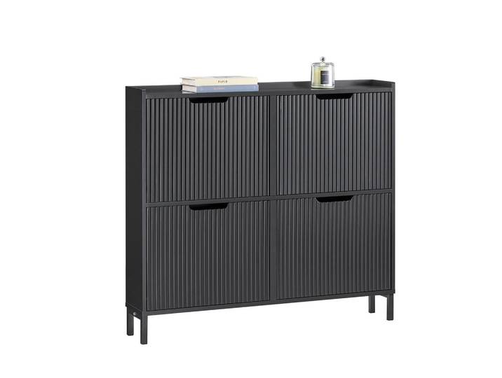 SoBuy Schuhschrank schmal mit 4 Klappen 100x91x19cm Schwarz, Holzwerkstoff, Metall, 100x91x19 cm, Garderobe, Schuhaufbewahrung, Schuhkipper