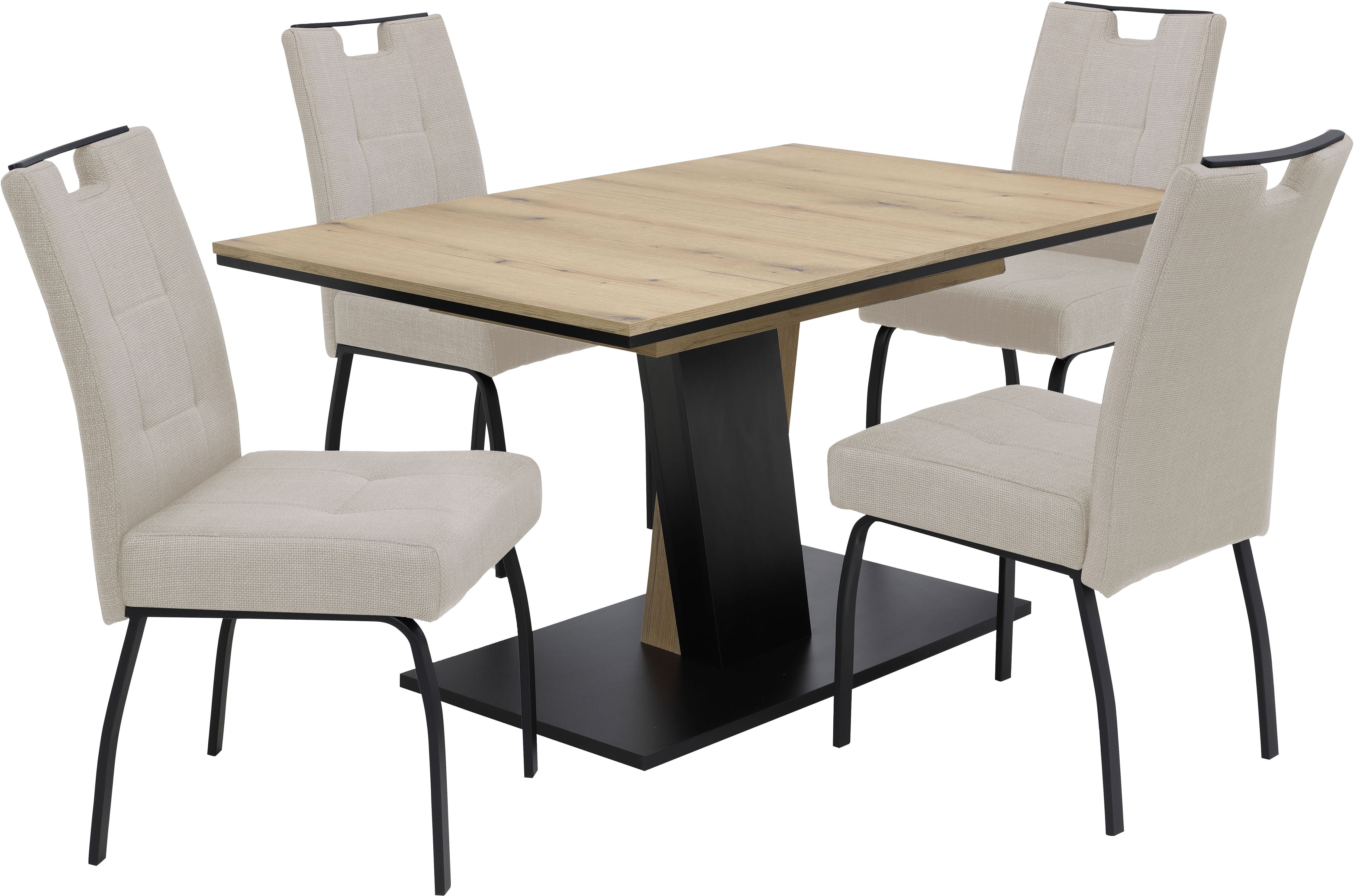 Essgruppe HELA "EBRO", schwarz (evoke eiche, schwarz, beige, beige, schwarz), Microfaser Webstoff, Synchron-Auszug, Evoke Eiche/Beige, 100% Polyester, Sitzmöbel-Sets, Essgruppe, Mit Synchronauszug, Vierfussstuhl XL Sitzbreite, Federkorb, Griff evoke eiche