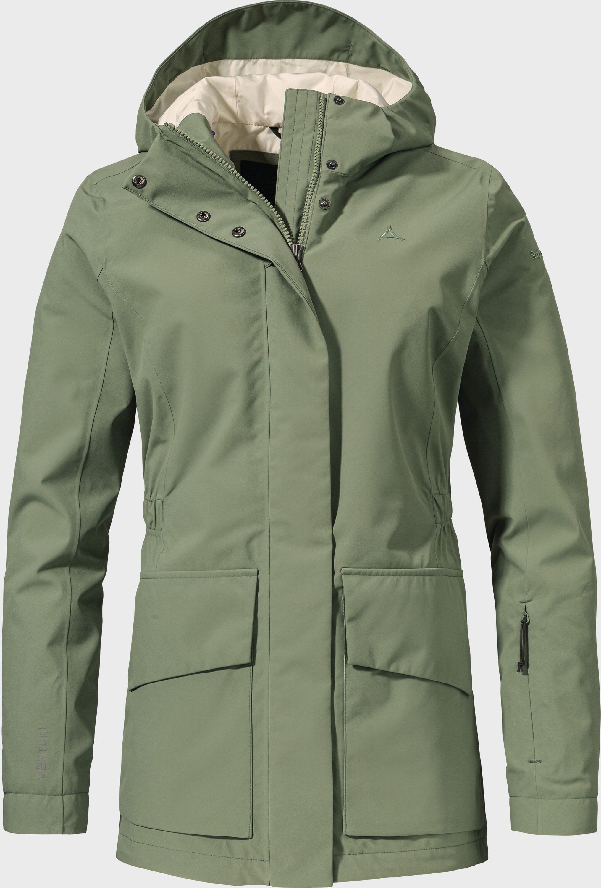 Outdoorjacke SCHÖFFEL "Jacket Geneva L", Damen, Gr. 46, grün (6970, grün), Oberstoff : 100% Polyester (Membran: Polyurethan) Futter : 100% Polyester Futter Rumpf oben: 92% Polyester 8% Elasthan, regular fit, Jacken Outdoorjacke 6970, grün 46