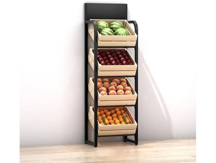 GJVBGA Obst- und Gemüseregal mit 4 Etagen, großes Snackregal, Zwiebelkartoffelständer, Küchenprodukt-Halter (Farbe: schwarzes Regal + Holzkorb)