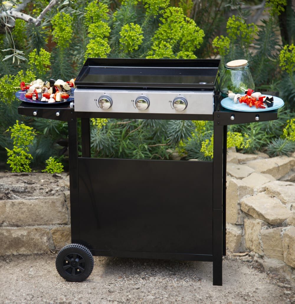Happy Garden Plancha au gaz 3 brûleurs plaque en fonte noire sur chariot Noir 111x95x44cm