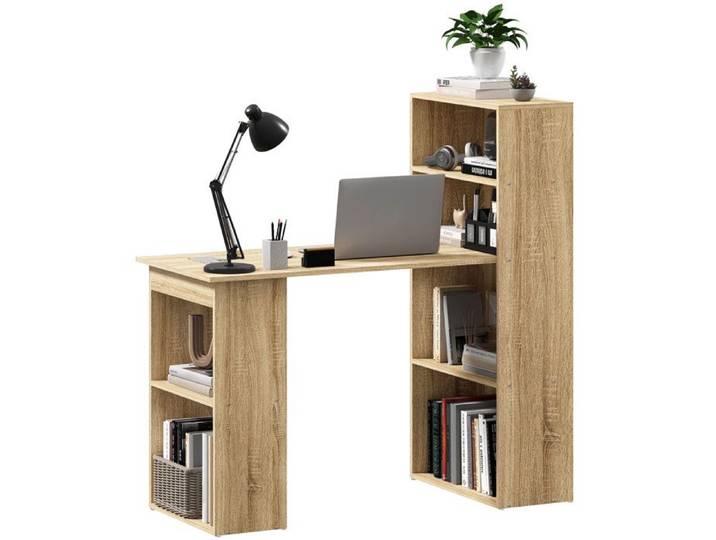 Bureau Informatique avec étagère de rangement Bureau d'angle bibliothèque adjacente Multi-rangements Chêne
