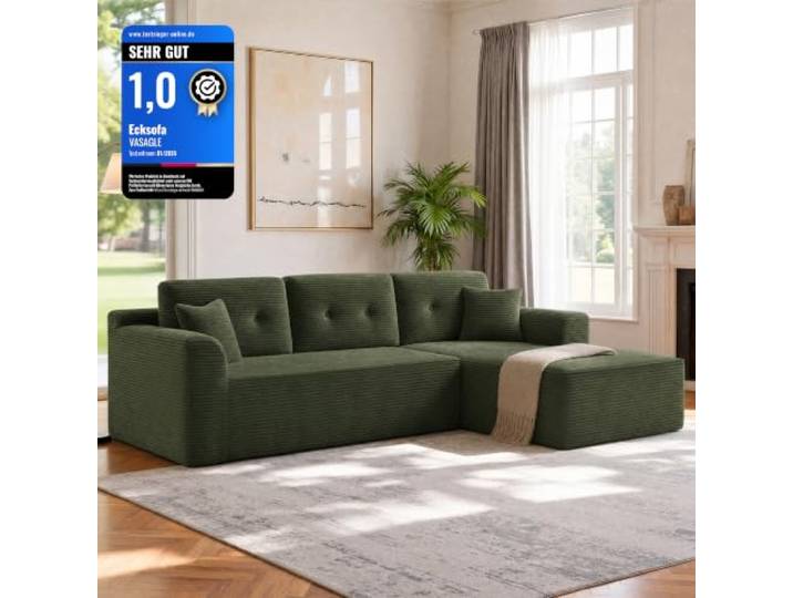 VASAGLE Ecksofa, Keine Montage erforderlich, modulares Sofa, 244 cm breit Schlafsofa, vakuumverpackt, mit großer Chaiselongue rechts, für Wohnzimmer, waldgrün, LCS184C101