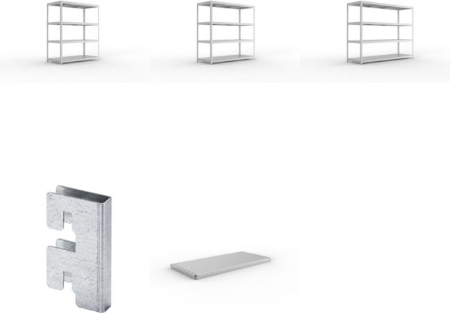 Meta Set Weitspannregal vzk 1700x800x1970 + SPEED-RACK Zusatzfachebene 1700x800 mm + Weitspannregal Speed-RackGr 1970x2000x800 mm + Weitspannregal vzk 2500x800x1970 + Zubehör Päckchen Verdübelungsset + 4 Stück Profilverbinder verzinkt
