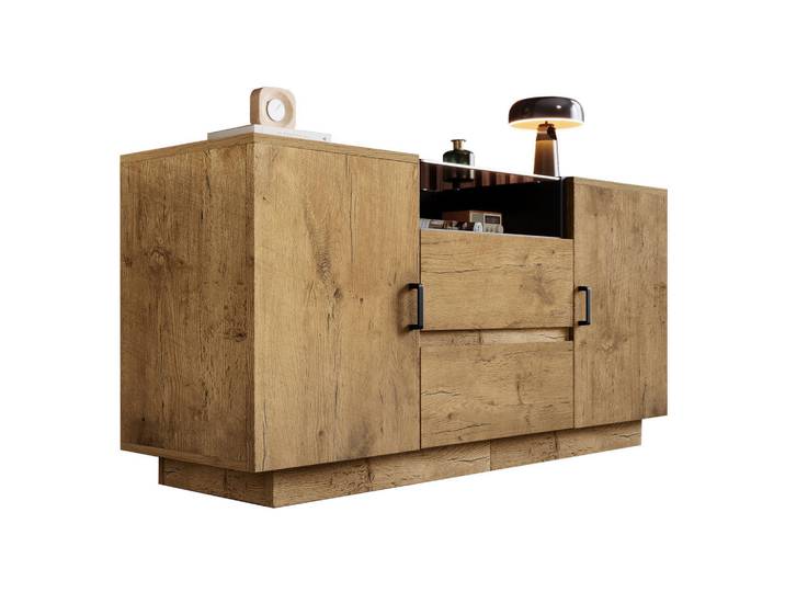 Redom Sideboard in Eichenoptik mit braun getöntem ESG-Glas, 2 Schubladen, 2 Türen und offenem Fach, schwarze Griffe, 140/40/70 cm, Eichenoptik, Eichefarben, 140x70x40 cm, Kleinmöbel, Kommoden, Sideboards