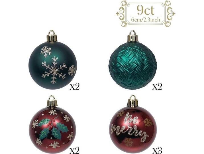 Weihnachtskugeln 9-teiliges Set 6CM Landstraße Thema Rot Grün Gold, Mehrfarbig, Kunststoff, 6x6x6 cm, Dekoration, Weihnachtsdekoration, Christbaumschmuck, Christbaumkugeln