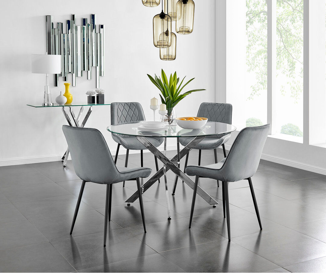 Canora Grey Tierra Modern Metal & Glass Round Dining Table Set with 4 Luxury Velvet Dining Chairs Grey/Black 4
