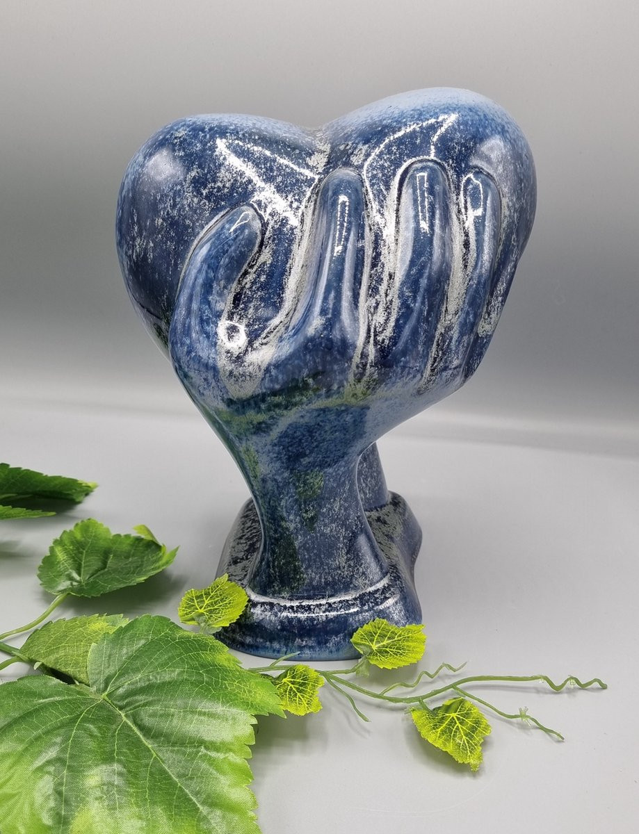Urn Hart in handen - Keramiek - Silver Sky - Zilver - Blauw - 1200ml
