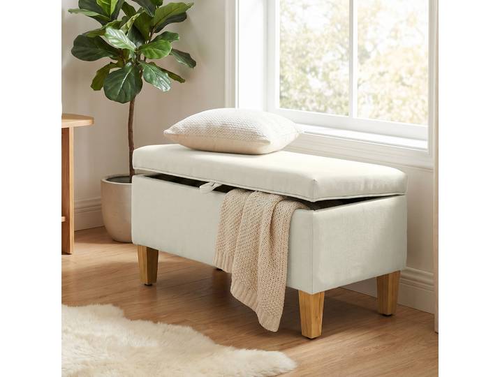 HOMCOM Banc Rangement Lin Beige 71x37x36cm Pieds Bois
