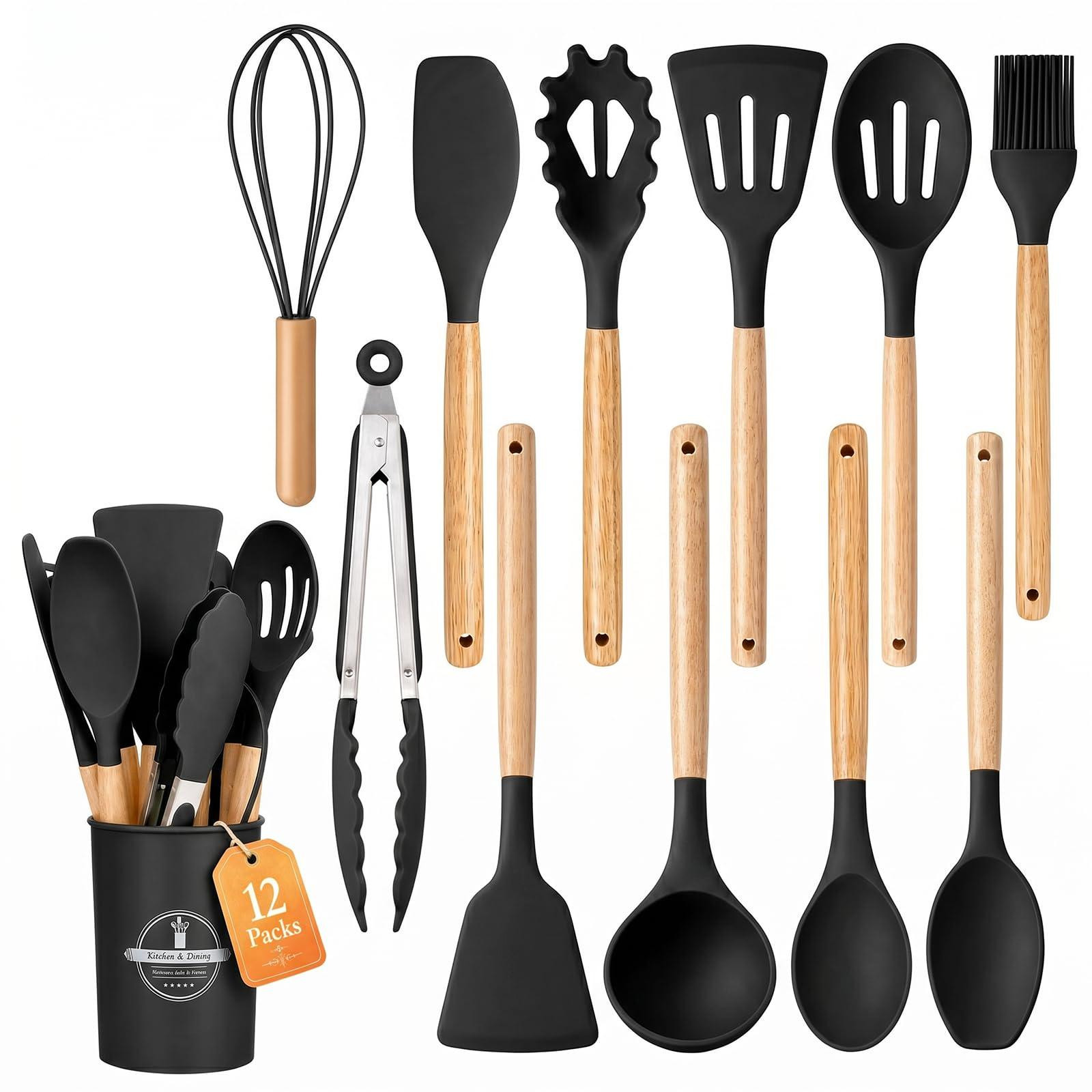 Solidchoice 12-delige siliconen keukengerei set met houten handvat