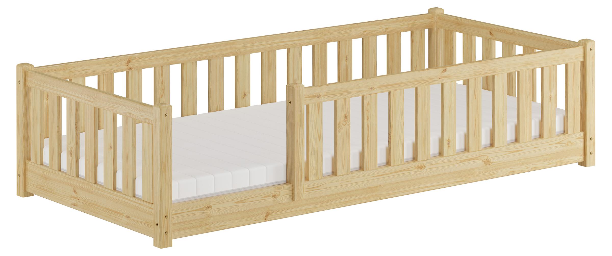 Kinderbett, Bodenbett mit dreiseitiger Sicherung 80x180 Kiefer natur lackiert V-60.77-08-180Rollrost und Matratze inkl.