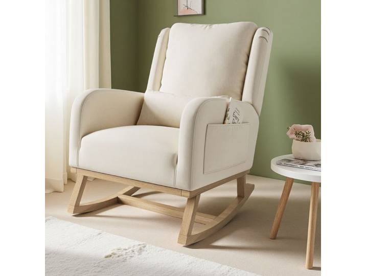 Fauteuil à bascule de détente - Anajqaqia - Fauteuil à bascule de salon - Fauteuil de détente - Piètement en bois - Lin - Beige