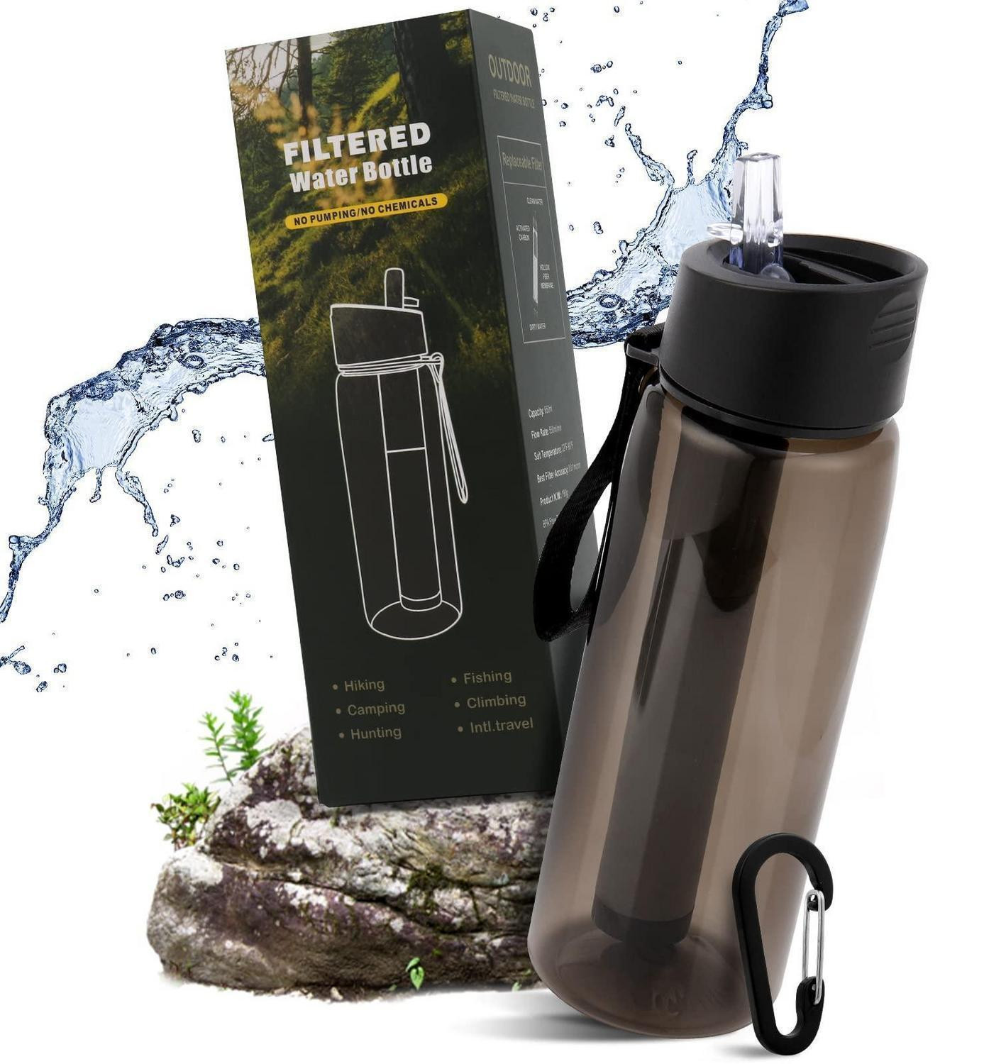 Carastek Waterfilterfles 650 ml, zwart, met kompas en Tritan materiaal