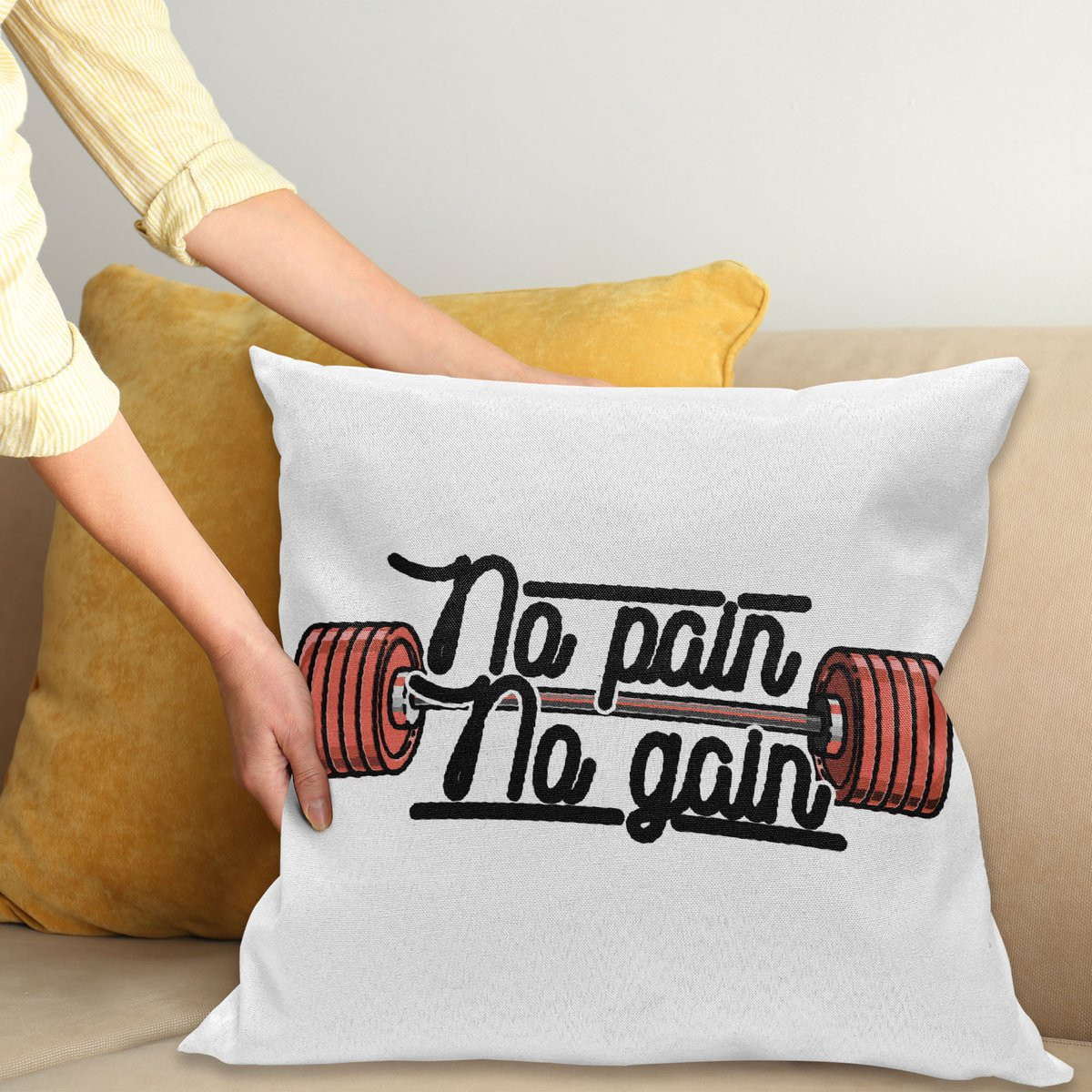 ABAKUHAUS Fitness Kussenhoes No Pain No Gain met Ritssluiting, Korallenrot, 40 x 40 cm