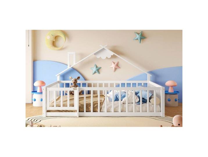 Lit enfant 140x190 cm en pin blanc - lit plat barrière de sécurité à verrou lattes