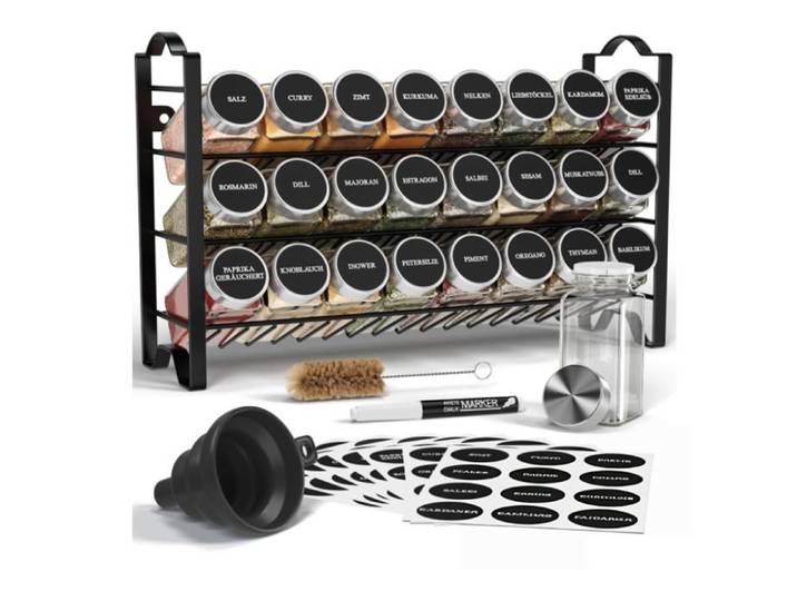 Etagere avec Pot a Epices Lot de 24 Boite avec Étiquettes d'épices Françaises - Rangement Cuisine 39P x 11l x 25H centimètres