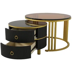 2-in-1 runder Couchtisch mit Hochglanz-Tischplatte und brauner Glasplatte 70x70x45 + 50x50x40 cm in Schwarz