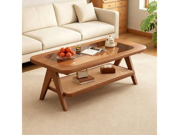 Moderner Holz-Couchtisch mit gehärteter Glasplatte und Massivholzrahmen Gehärtetes Glas, Massivholzrahmen, zweistufige Ablage, einfache Montage,Wohnzimmer & gehobene Innenräume(B,39.4in)