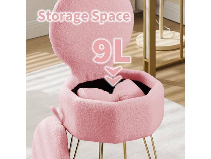 Tabouret de maquillage avec rangement – Dossier rabattable – Revêtement Sherpa – Coussin à nœud – 40x40x85 cm – Rose