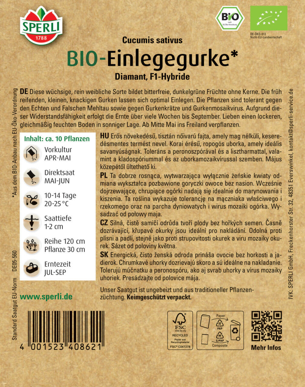 Sperli BIO Einlegegurke F1