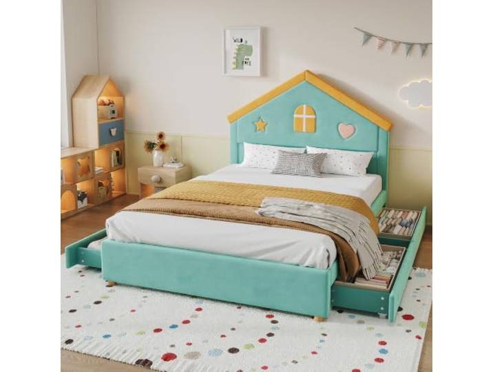 ModernLuxe Hausbett Stauraumbett Polsterbett 140x200 cm,4 Schubladen Gepolstertes Haus-Kopfteil aus französischem Samt, 220 kg belastbar, mit vier Schubladen, ohne Matratze