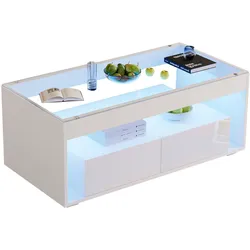 COUCHTISCH Weiß Hochglanz mit LED & 2 Schubladen