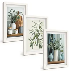 BILDER SET 3er Set - 20x30 cm Weißer Rahmen - Grüne Oliven, Eukalyptus