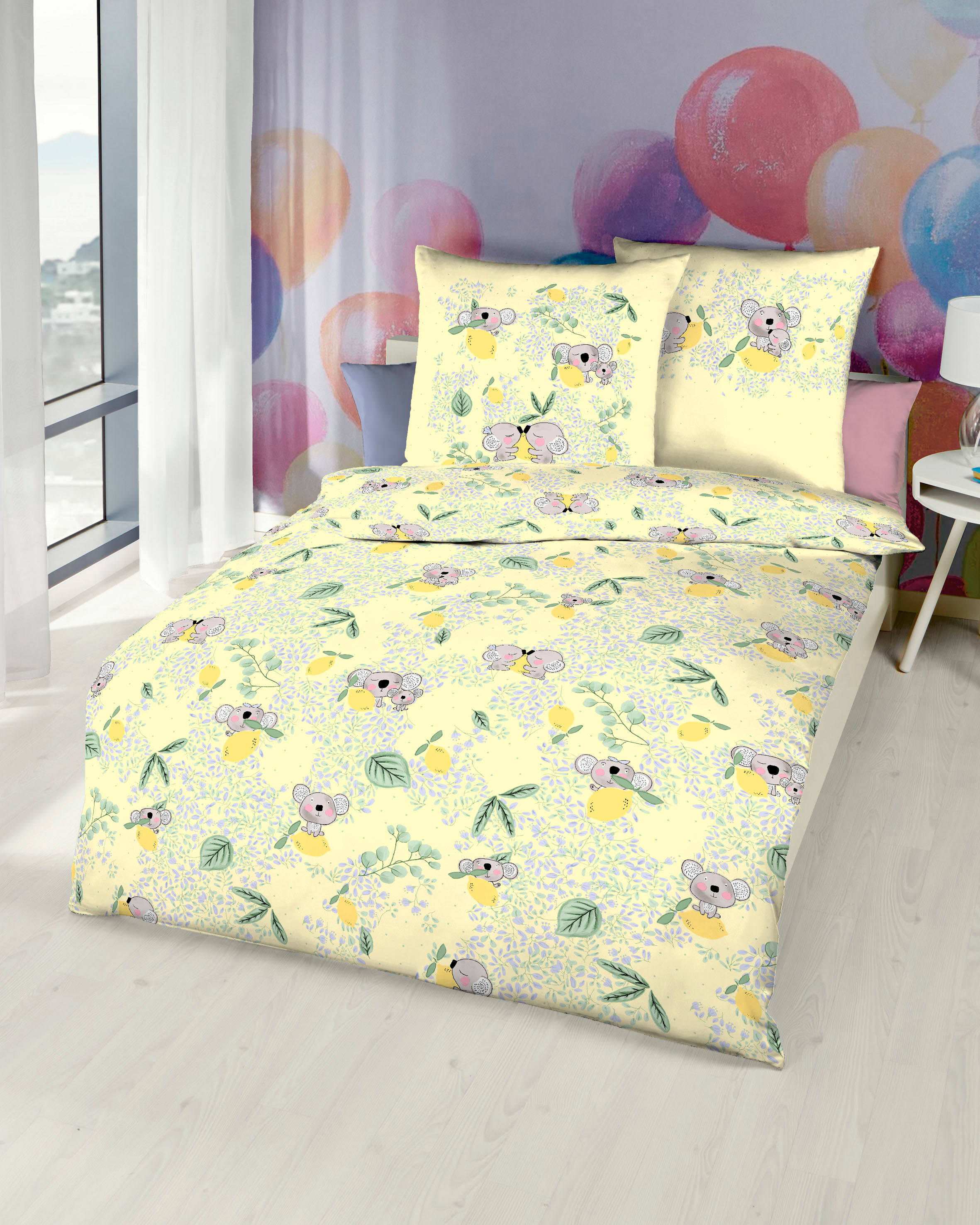 Kinderbettwäsche KAEPPEL "Koalas", gelb, B/L: 100cm x 135cm, 1 Stk., 1 Stk., Feinbiber, B/L: 40cm x 60cm, 2 Stk., Feinbiber, Obermaterial: 100% Baumwolle, Bettwäsche, Kinderbettwäsche, angenehm wärmend gelb B/L: 100cm x 135cm, 1 Stk., 1 Stk., Feinbiber, B