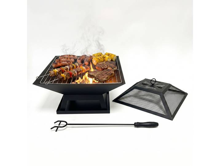Relaxdays – Brasero Carré En Acier Noir 36x45x45 Cm – Pare-étincelles Et Grille De Cuisson – Bac De Récupération Des Cendres – Tisonnier Inclus