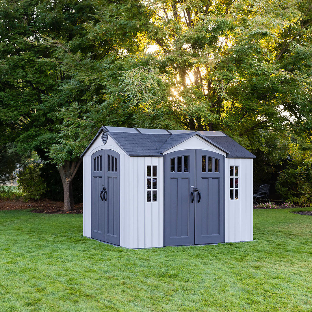 Lifetime 10 Ft. X 8 Ft. Dual-entry High-density Polyethylene (plastic) Outdoor Storage Shed With Steel-reinforced Construction Grey 305.8cm W X 243cm D X 241.6cm H