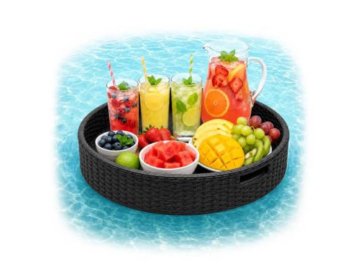 Relaxdays Schwimmendes Tablett, schwarz 2 in 1 Pooltablett für Getränke & Snacks, HD: ca. 20x60 cm, Rattan, unsinkbar