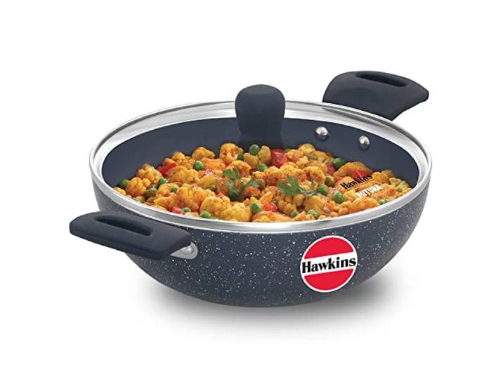 Hawkins Kadhai, Keramik-Antihaftbeschichtung, 2,5 l, Induktion, tiefe Bratpfanne mit Glasdeckel, Granit-Kadai (ICK25G)