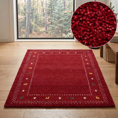 Wollteppich THEKO "Gabbeh Bordüre, Handgefertigt, Teppich, Tiermotiv, reine Wolle", rot, B:160cm H:14mm L:230cm, Wolle, Teppiche, Wohnzimmer, Schlafzimmer, Esszimmer