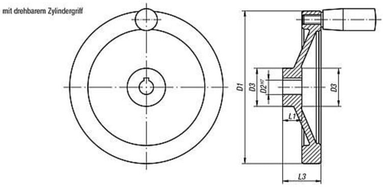 KIPP Scheibenhandrad D1=80 Passbohrung mit Nut D2=12H7 Aluminium (K0161.5080X12)