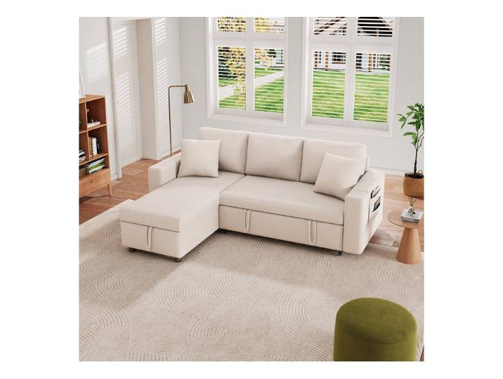 MODFU Schlafsofa Sofa-Chaiselongue mit hoher Rückenlehne, Loungesessel für Wohnzimmer, mit verstecktem Stauraum, atmungsaktive Baumwoll-Leinen-Bezüge