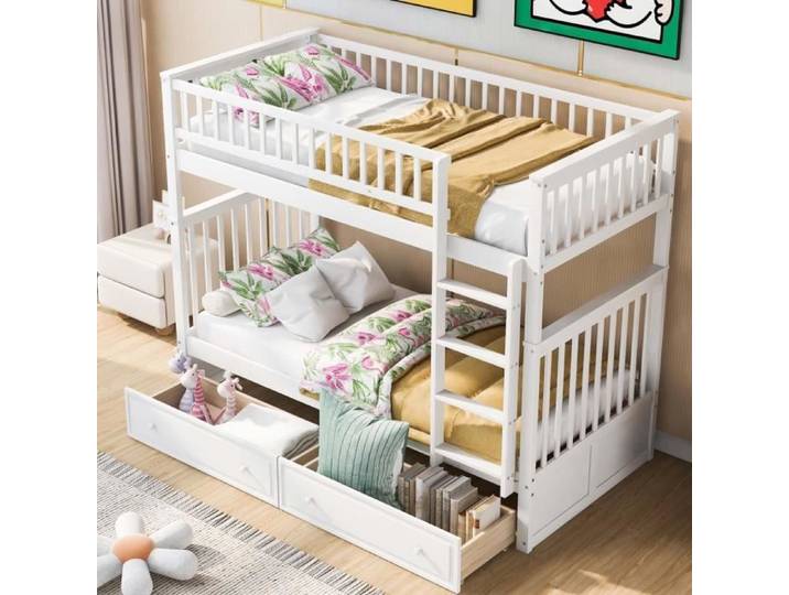 Lit superposé 90x200cm lit enfant avec tiroirs et échelle cadre en pin blanc
