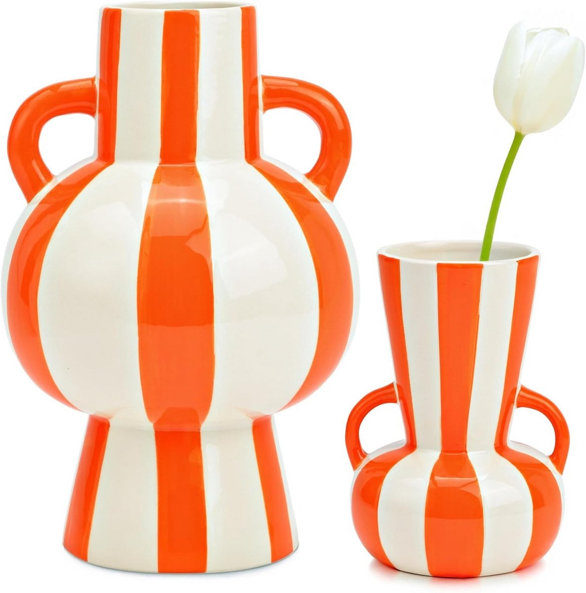Set van 2 Keramische Vazen Gestreept Oranje Wit - Sierlijke Woondecoratie