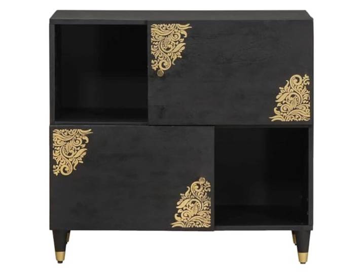 KTHLBRH Sideboard mit Tür, schwarz, 80 x 33 x 75 cm, Mangoholz, massiv Design mit Goldprägung, Messinggriffe, 2 Türen, Innenregal, Wohnzimmer