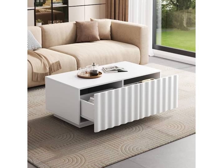 STILVORA Couchtisch mit Wellenmuster und 2 Schubladen, Wohnzimmertisch modern mit Stauraum, Beistelltisch minimalistisch