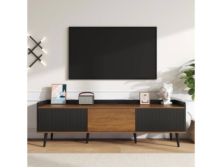 Meuble TV - KOMHTOM - Meuble TV 160 cm - 3 portes - Noir et naturel - Design contemporain