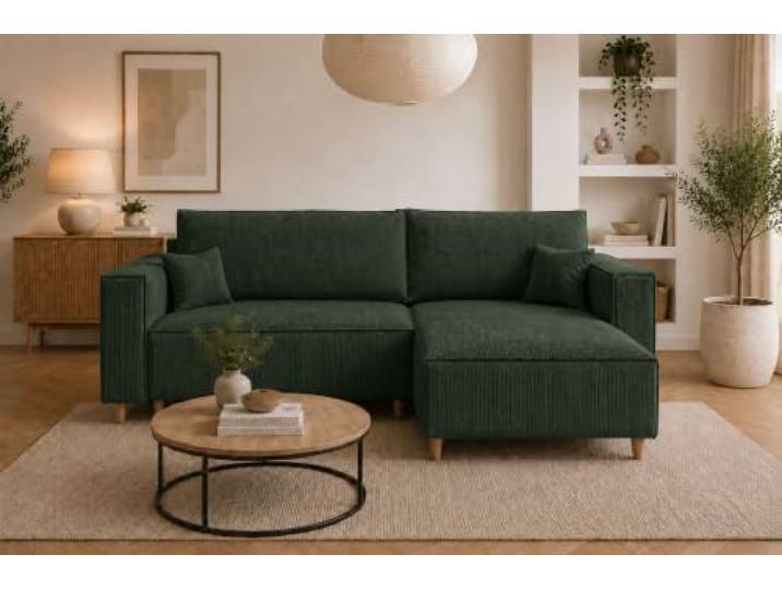 MARPUR Ecksofa mit Schlaffunktion & Bettkasten – Cord Gruen – 249x142 cm – Eckcouch L-Form – Schlafsofa Wohnlandschaft – Ottomane Universal – Couch