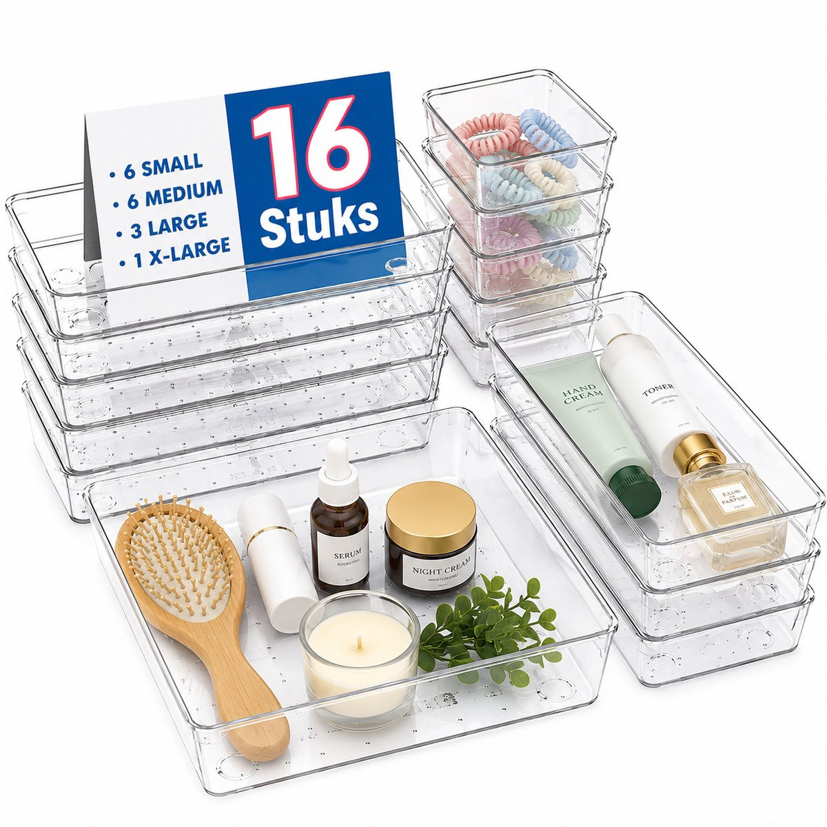 MONTKIARA Lade-organizer 16-delige set, Transparante kunststof opbergset voor keuken, badkamer, kantoor en slaapkamer
