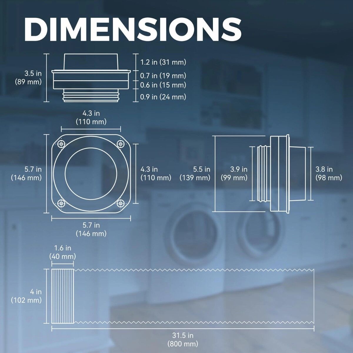 INF Kit connecteur magnétique pour évacuation de sèche-linge – Acier inoxydable, Raccord rapide 4in, Tuyau aluminium 2.6ft,