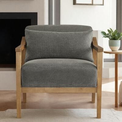 "34"" Polyester Blend Wood Arm Accent Chair with Lumbar Pillow and Sculpted Wood Arms and Tapered Legs"