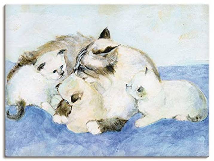 ARTLAND Bild auf Leinwand Leinwandbilder Wandbilder 80 x 60 cm Tiere Haustiere Katze Malerei Creme A8UF Katzenfamilie